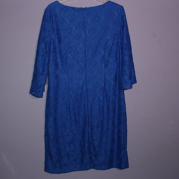 J Howard Blue Floral Lace Overlay Dress Size 16 V-Neck with Ruffled Sleeves - Picture 2 of 11